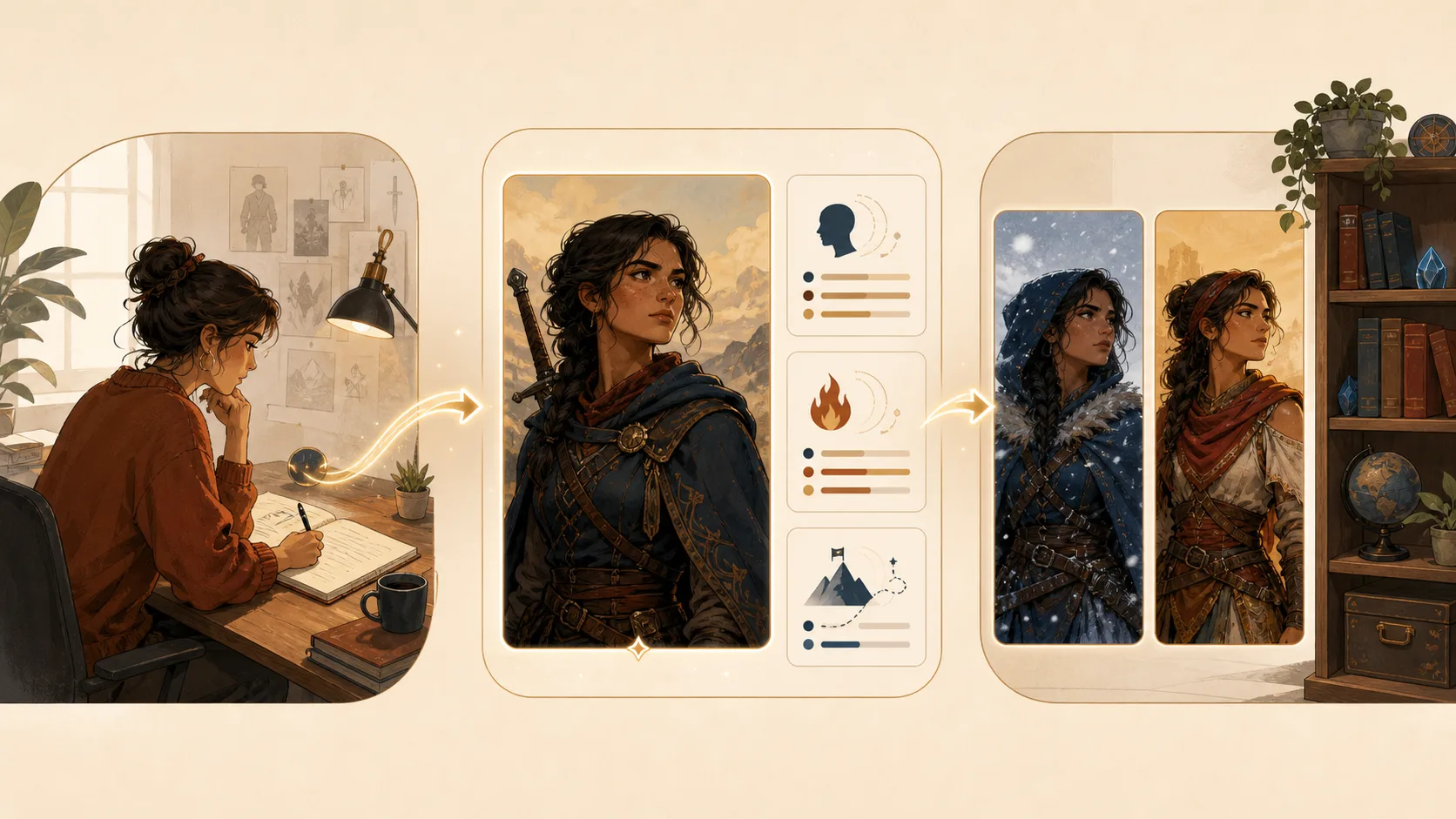 Three-stage AI character generator workflow: write a brief, create a character portrait and profile, then save visual variations.