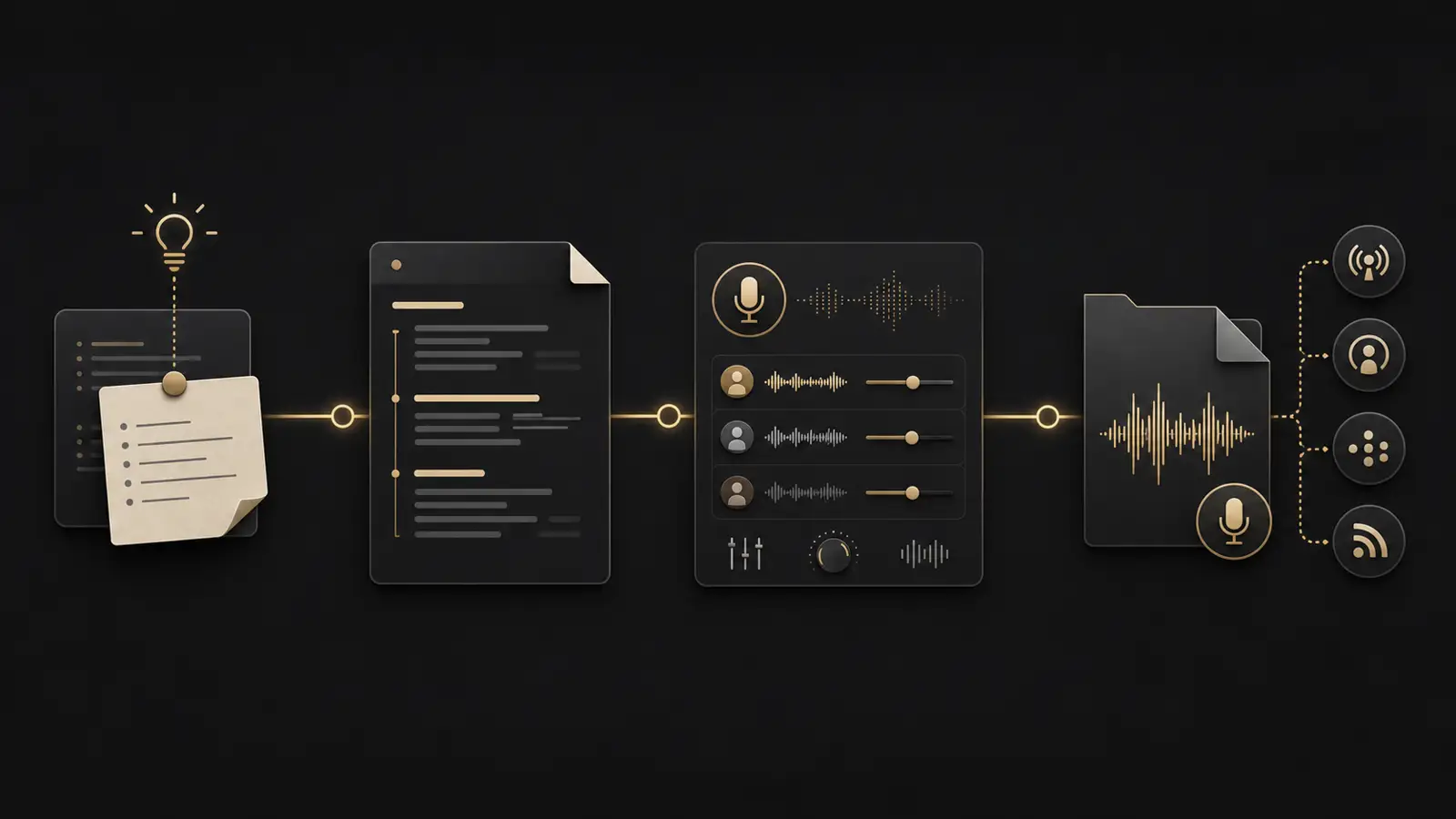 Four-stage podcast workflow from source idea and script to voice narration and publishing